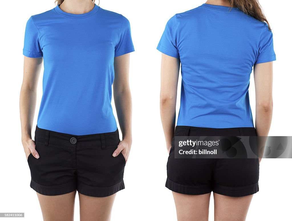 Front and rear view of woman wearing blue shirt