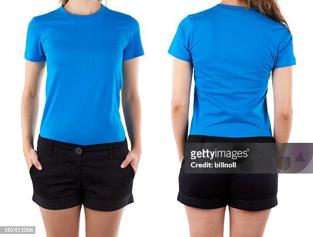 front and rear view of woman wearing blue shirt - t shirt stock pictures, royalty-free photos & images