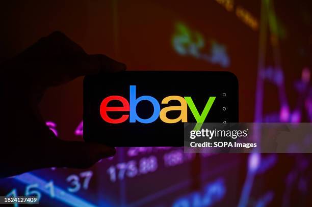 In this photo illustration, an Ebay logo is displayed on a smartphone with stock market percentages on the background.