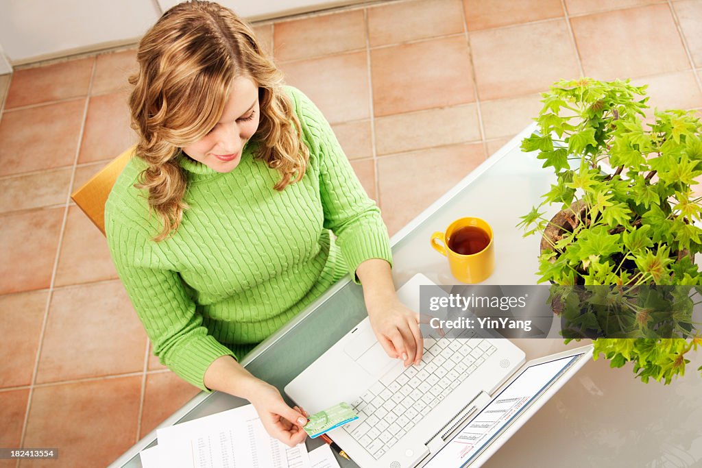 Woman Using Computer Internet Electronic Banking, Paying Credit Card Bill
