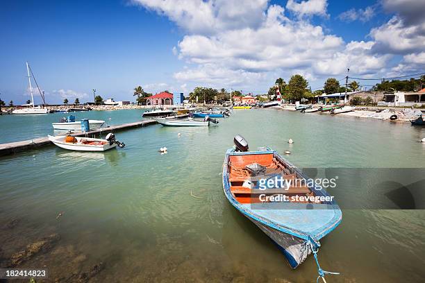caribbean fishing harbor with boats - guadeloupe stockfoto's en -beelden