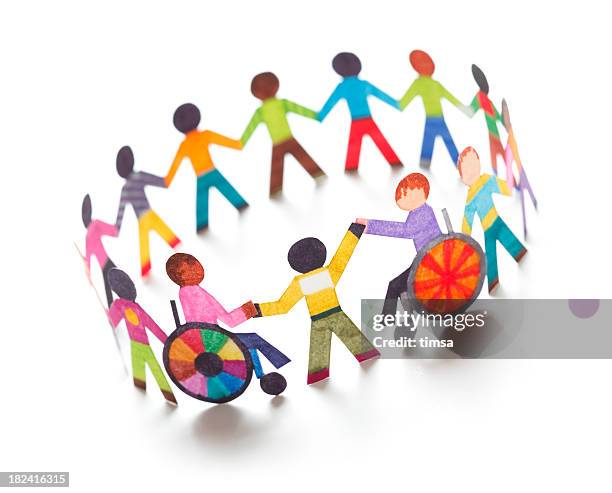 ethnic circle with handicapped people - paper concept - cut out paper people stockfoto's en -beelden