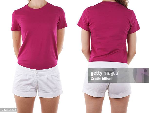 front and rear view of woman wearing blank shirt - red shorts stock pictures, royalty-free photos & images