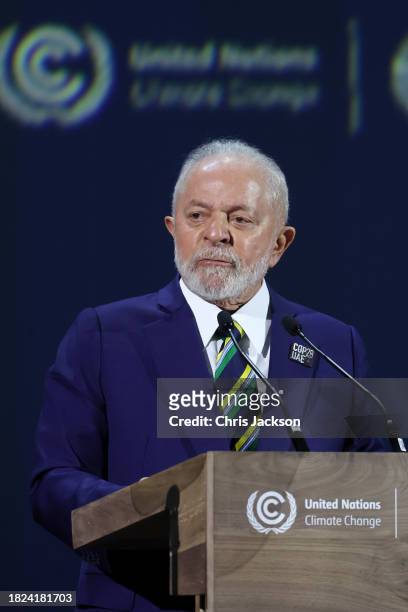 President of Brazil Luiz Inácio Lula da Silva delivers an address at the opening ceremony of the World Climate Action Summit during COP28 on December...