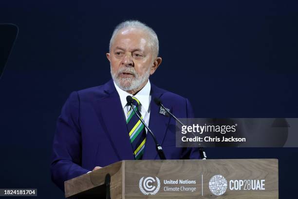 President of Brazil Luiz Inácio Lula da Silva delivers an address at the opening ceremony of the World Climate Action Summit during COP28 on December...