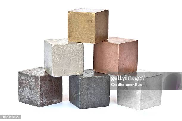 six different metal cubes isolated on white - brass 個照片及圖片檔