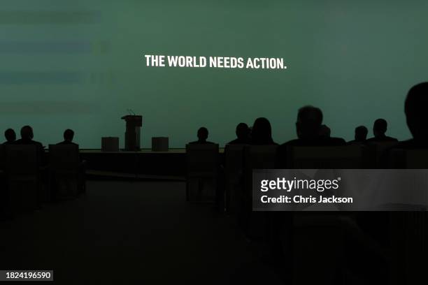 The words "The World Needs Action" are projected on screen at the opening ceremony of the World Climate Action Summit during COP28 on December 01,...