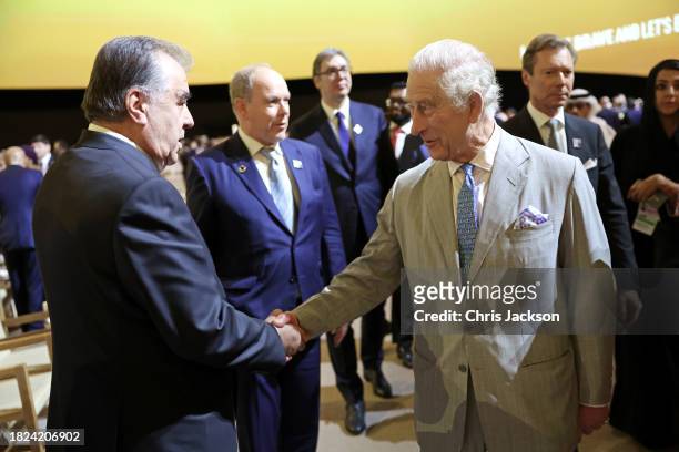 Tajikistan President Emomali Rahmon and King Charles III attend the opening ceremony of the World Climate Action Summit during COP28 on December 01,...