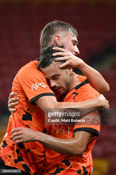 Nikola Mileusnic of the Roar celebrates scoring a goal during the A-League Men round six match between Brisbane Roar and Western Sydney Wanderers at...