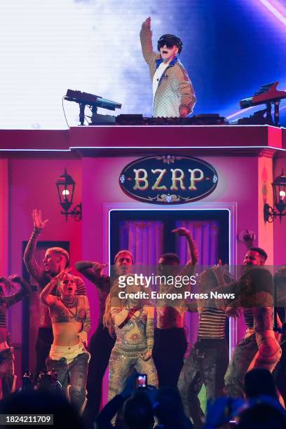 Singer Shakira and producer Bizarrap perform during the 2023 Latin Grammy Awards gala at the Palacio de Congresos de Sevilla on November 16 in...