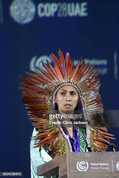 Isabel Gakran of Instituto Zág delivers an address at the opening ceremony of the World Climate Action Summit during COP28 on December 01, 2023 in...
