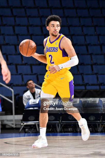 Scotty Pippen Jr. #2 of the South Bay Lakers brings the ball up the court during the game against the Ontario Clippers on December 4, 2023 at Toyota...