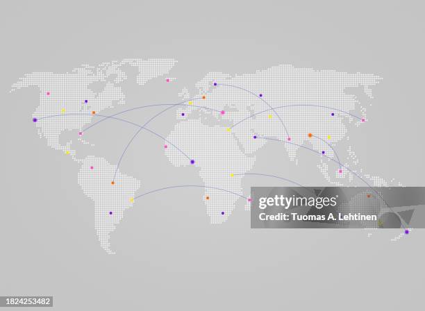white world map made of small triangles on gray background with curving lines or flight paths connecting colorful dots as cities. - flight path stock pictures, royalty-free photos & images