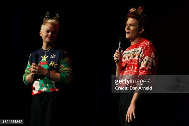 Joel Creasey and Rhys Nicholson perform on stage during "Rhys & Joel's Family Christmas" at Enmore Theatre on December 01, 2023 in Sydney, Australia.