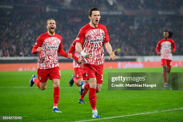 Michael Gregoritsch of Sport-Club Freiburg celebrates during the UEFA Europa League match between Sport-Club Freiburg and Olympiacos FC at...