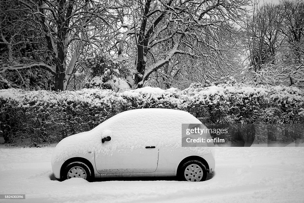 Small covered in snow parked on the street
