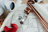 A plumbing diagram with copper pipe, tubing and fixings