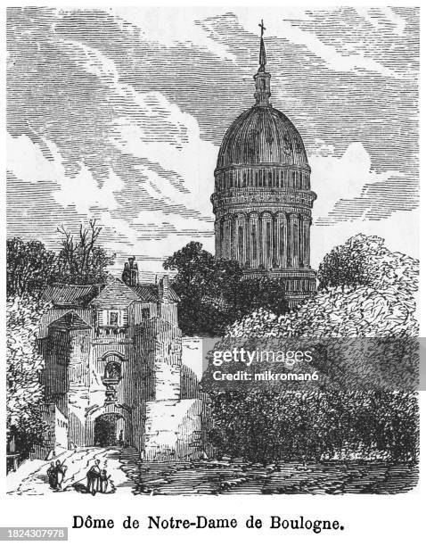 old engraved illustration of the basilica of notre-dame, boulogne (basilica of our lady of the immaculate conception) a minor basilica located in boulogne-sur-mer in the pas-de-calais département of northern france - basilican church stock pictures, royalty-free photos & images