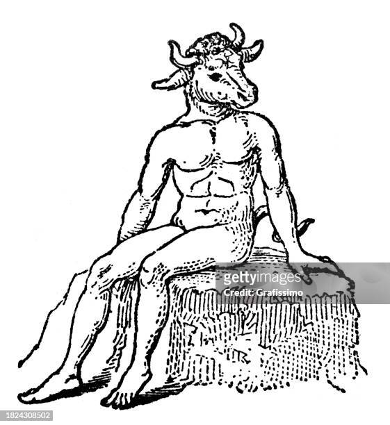 ilustraciones, imágenes clip art, dibujos animados e iconos de stock de ilustración de criatura mítica del minotauro sentada - minotauro