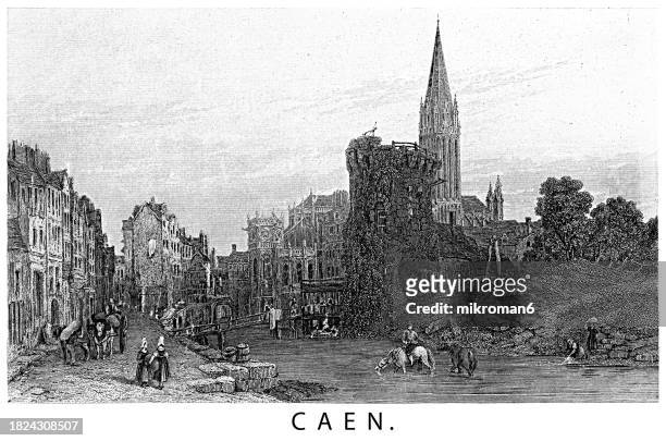 old engraved illustration of caen, a city 15 km (9.3 mi) inland from the northwestern coast of france - northwestern stock pictures, royalty-free photos & images