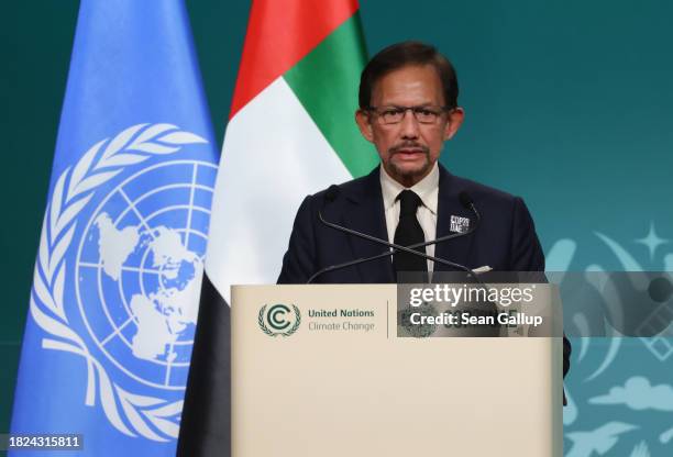 Sultan Haji Hassanal Bolkiah of Brunei speaks during day one of the high-level segment of the UNFCCC COP28 Climate Conference at Expo City Dubai on...