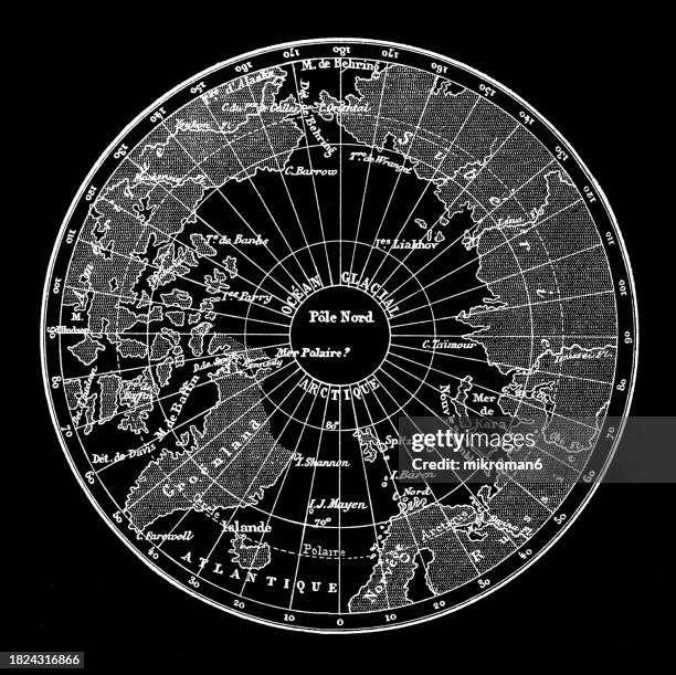 old engraved map of north polar regions - world history stock pictures, royalty-free photos & images