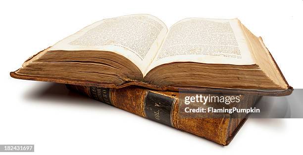 two old books, one open. white background, clipping path. - open book stockfoto's en -beelden