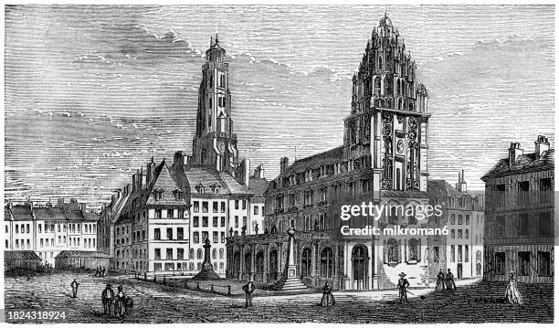 old engraved illustration of calais city hall, the seat of the city council in calais, france (has a 72-metre belfry of red brick and white limestone) - basilican church stock pictures, royalty-free photos & images