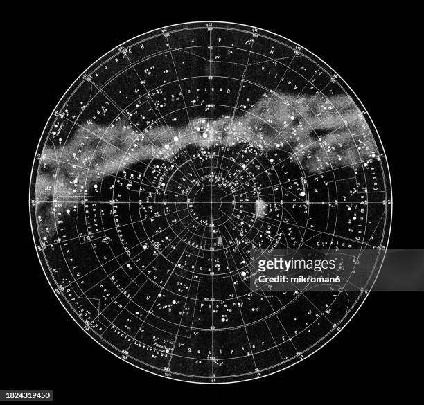 old chromolithograph illustration of astronomy - southern sky star map (nebulae and star clusters) - physics diagram stock pictures, royalty-free photos & images