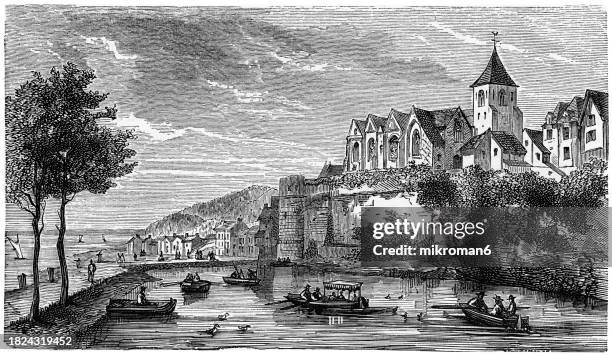 old engraved illustration of saint-valery-sur-somme, town a seaport and resort on the south bank of the river somme estuary, france - basilican church stock pictures, royalty-free photos & images