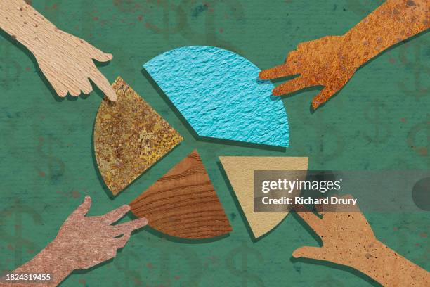 four hands choosing sections of a pie chart - illustration technique stock illustrations stock pictures, royalty-free photos & images