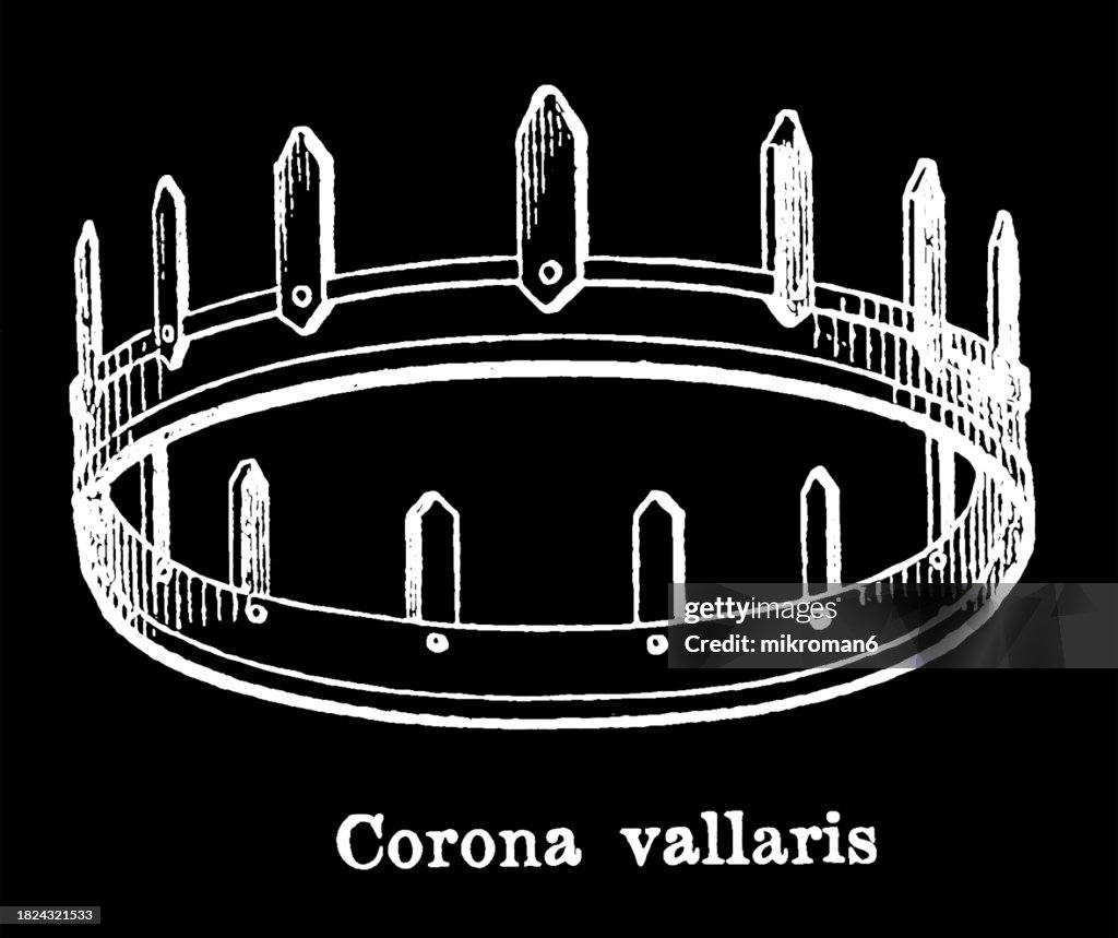 Old engraving illustration of a camp crown or vallary crown, a military award given to the first man who penetrated into an enemy camp or field during combat (gold crown surmounted with replicas of the stakes of a palisade)