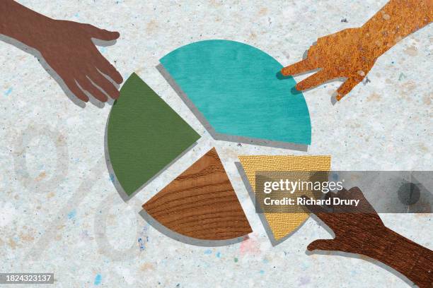 three hands choosing sections of a pie chart - illustration technique stock illustrations stock pictures, royalty-free photos & images