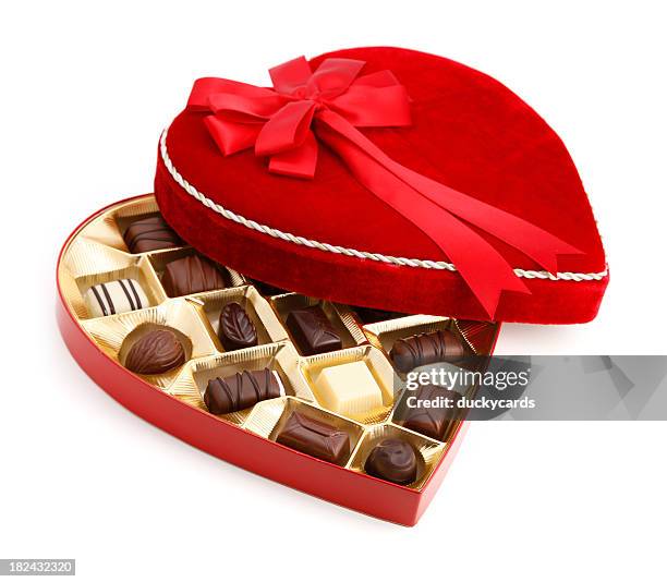 valentine's day chocolate candy - heart box ribbon stockfoto's en -beelden