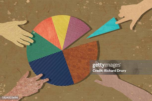 four hands choosing sections of a pie chart - cutting costs stock pictures, royalty-free photos & images