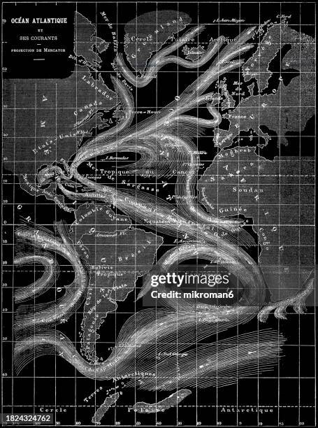 old engraved map of atlantic ocean and its currents - rijksgrens stockfoto's en -beelden