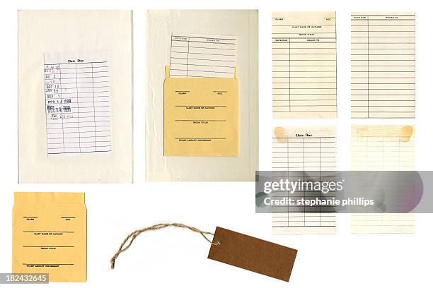 various antique library cards on a white background - library card stock pictures, royalty-free photos & images