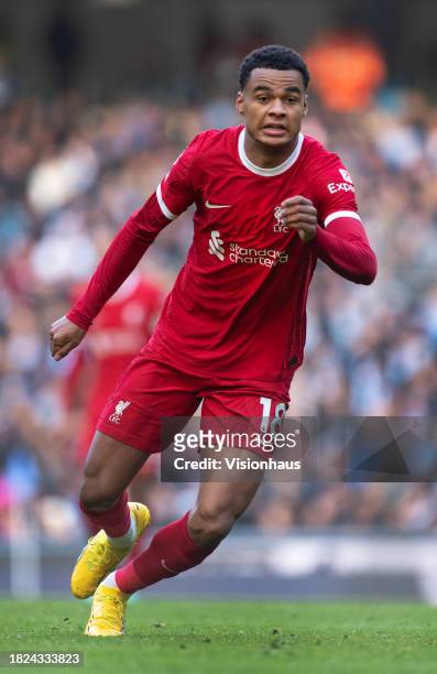 Cody Gakpo of Liverpool in action during the Premier League match between Manchester City and Liverpool FC at Etihad Stadium on November 25, 2023 in...