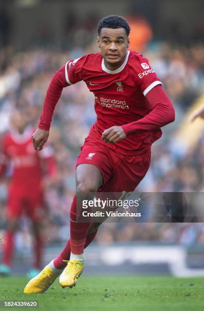 Cody Gakpo of Liverpool in action during the Premier League match between Manchester City and Liverpool FC at Etihad Stadium on November 25, 2023 in...