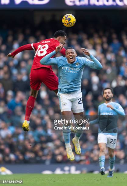 Cody Gakpo of Liverpool and Manuel Akanji of Manchester City in action during the Premier League match between Manchester City and Liverpool FC at...