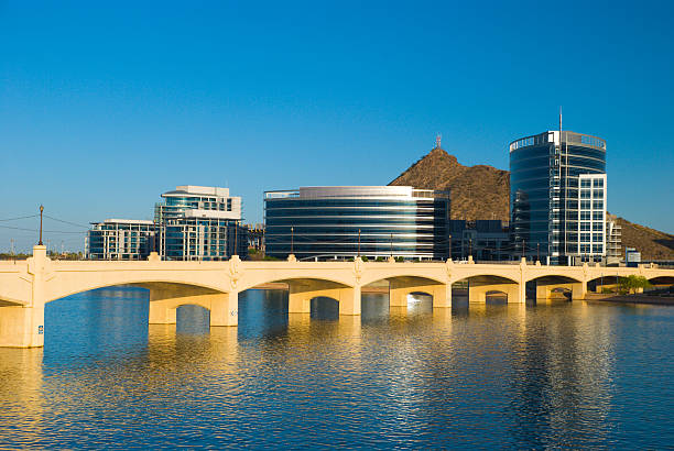 tempe skyline, river, and bridge - tempe arizona stock pictures, royalty-free photos & images