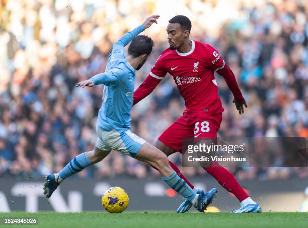 Ryan Gravenberch of Liverpool and Bernardo Silva of Manchester City in action during the Premier League match between Manchester City and Liverpool...