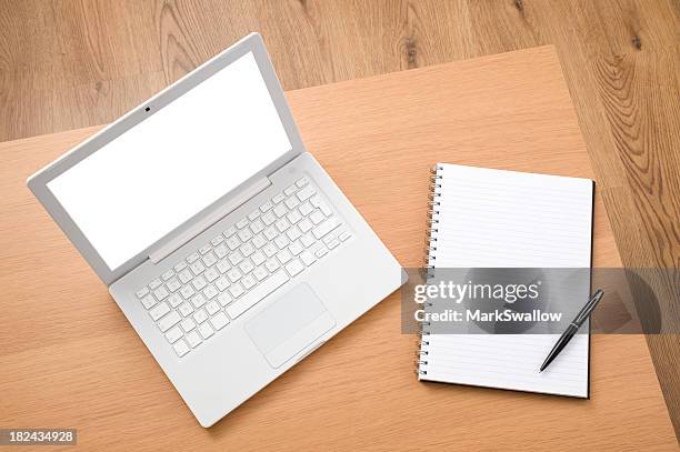 laptop and notebook - desk aerial view stock pictures, royalty-free photos & images