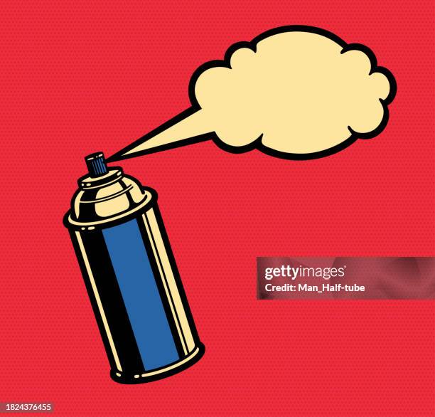 ilustraciones, imágenes clip art, dibujos animados e iconos de stock de bote de spray con burbuja de cómic - botella para rociar