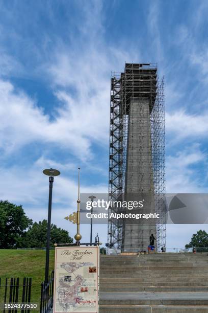 bunker hill monument under renovation on bunker hill. - freedom trail foundation stock pictures, royalty-free photos & images