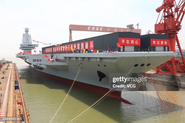 General view of the launching ceremony of China's third aircraft carrier, the Fujian, named after Fujian Province, at Jiangnan Shipyard, a subsidiary...