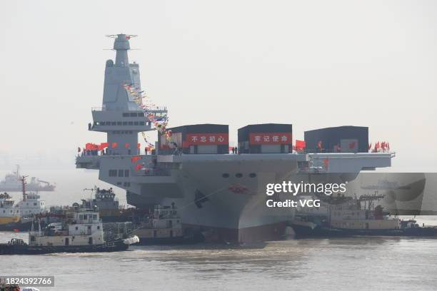 General view of the launching ceremony of China's third aircraft carrier, the Fujian, named after Fujian Province, at Jiangnan Shipyard, a subsidiary...