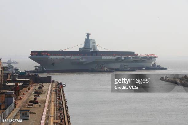 General view of the launching ceremony of China's third aircraft carrier, the Fujian, named after Fujian Province, at Jiangnan Shipyard, a subsidiary...