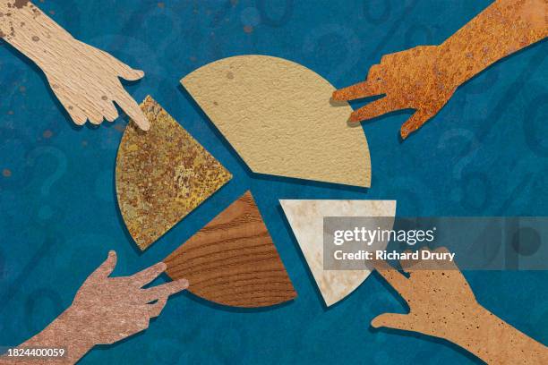 four hands taking slices of a pie chart - math-division stock pictures, royalty-free photos & images