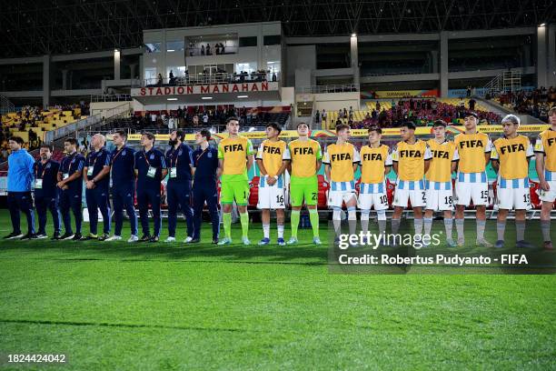 Diego Placente, Head Coach of Argentina, coaching staff and players stand for their national anthem prior to the FIFA U-17 World Cup 3rd Place Final...